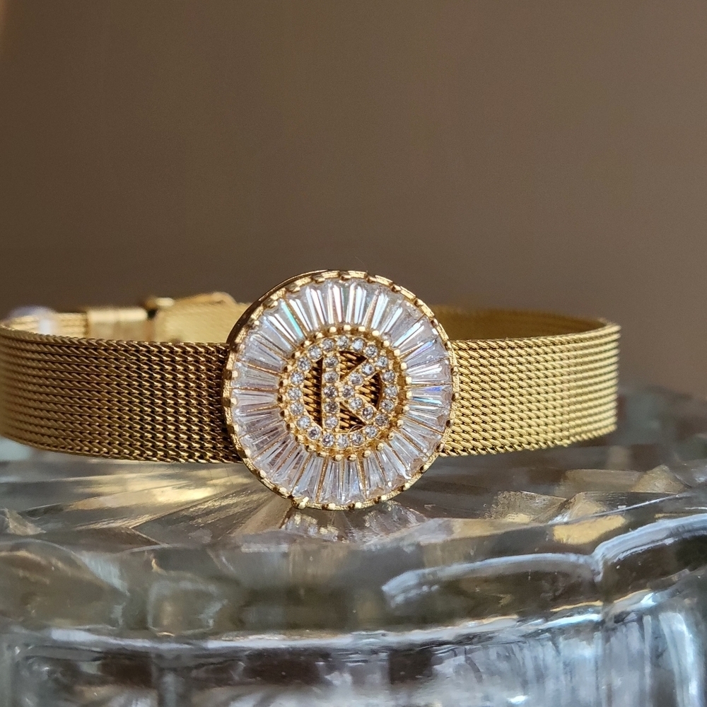 Stunning Gold Initial "K" Mesh Bracelet - CZ Crystals - Picture 3 of 7